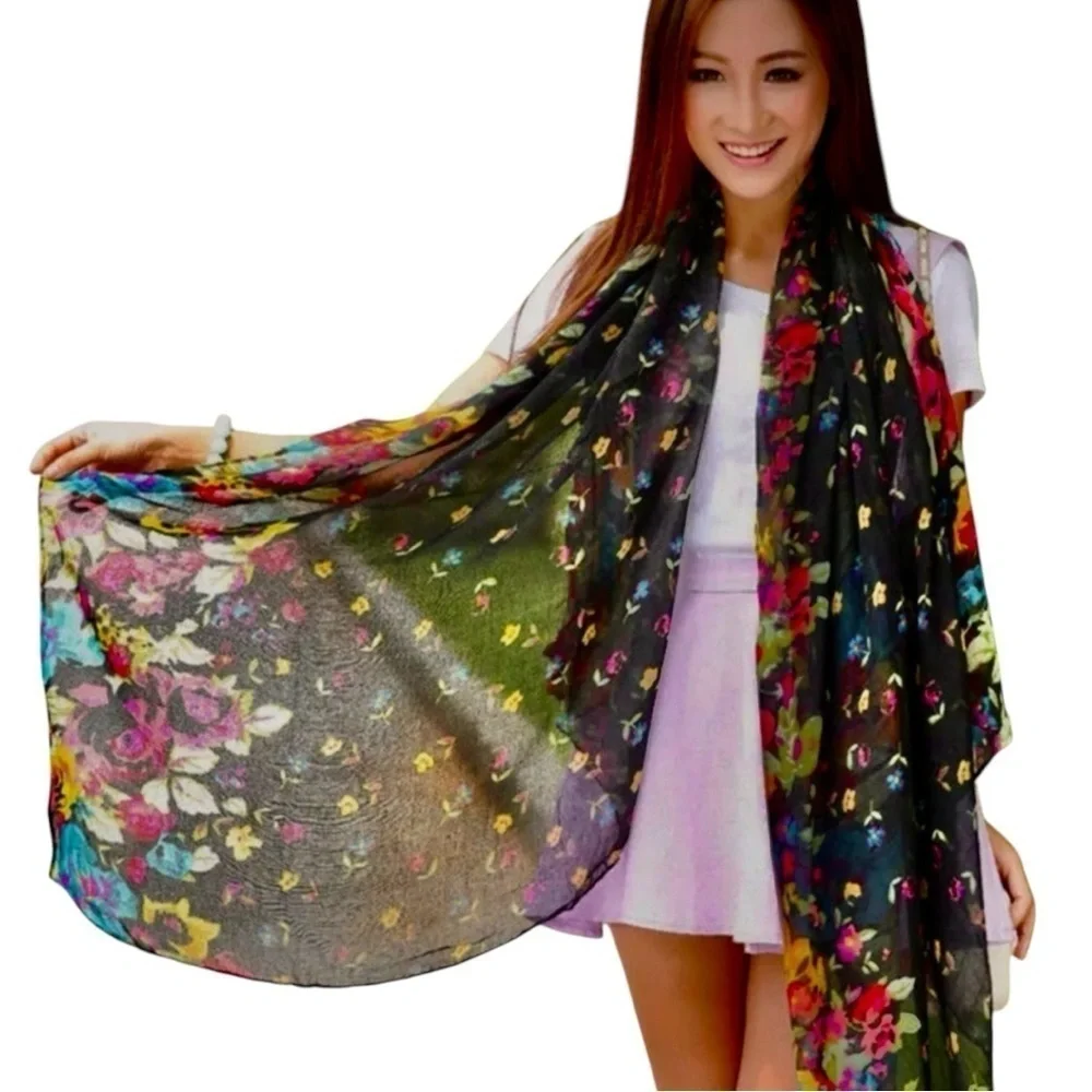 WOMENS SCARF, NWOT, LONG, FLORAL SCARF. COLORFUL RAINBOW OF COLORS.